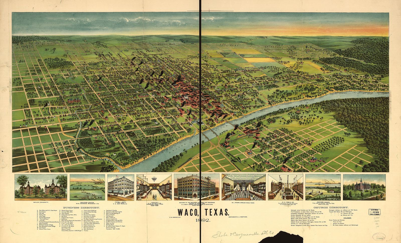 An 1892 bird's-eye lithograph of Waco, Texas.